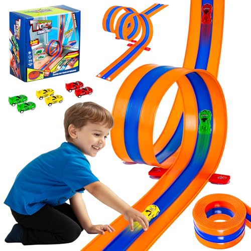Tyholoo 3-Lane 16ft Flexible Race Track for Kids 3+ with Fixed Base & Strong Suction Cups, 6 1-64 Scale Pull-Back Cars