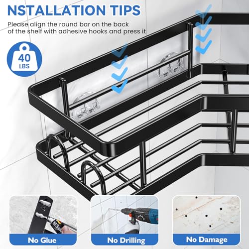 PKBD Corner Shower Caddy 3 Pack, Shower Shelves No Drilling, Rustproof Stainless Steel Bathroom Organizers with Soap Holder, Hooks & Toothpaste Holders, Black by PKBD - Image 7