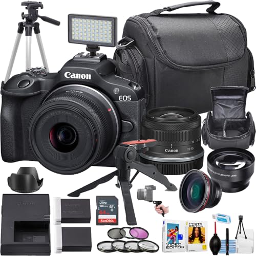 Canon EOS R100 Mirrorless Camera w/18-45mm Lens + Sandisk 64GB Ultra Memory Card + Camera Case + More (21pc Bundle) (Renewed)