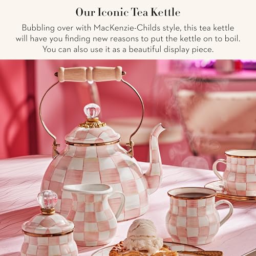 Image of MACKENZIE-CHILDS Tea Kettle, 3 Quarts, Pink-and-White Rosy Check