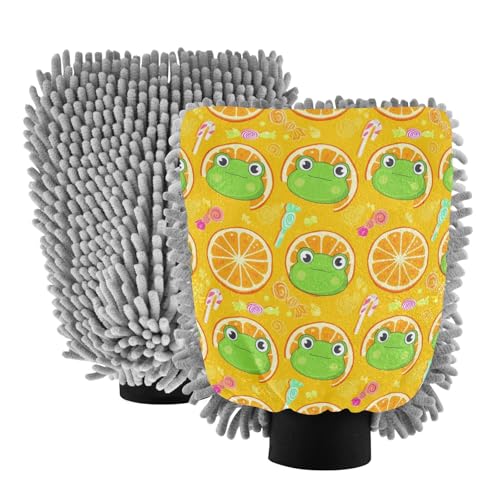 STAYTOP Cute Cartoon Frog Car Wash Mitt Microfiber, 2Pcs Scratch Free Lint-Free, Premium Chenille Microfiber Mitt Car Wash Brush-L