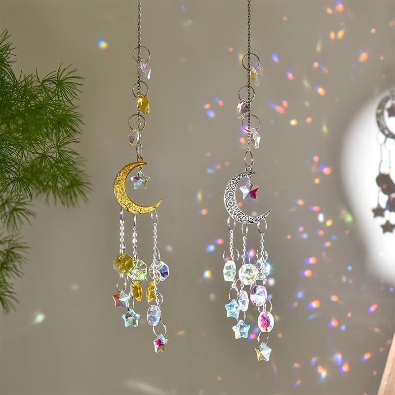 Crystal Wind Chime Pendant Creative Wind Chime Silver Golden Series Moon Star Home Outdoor Pendant Window Decoration Porch Decoration Gift