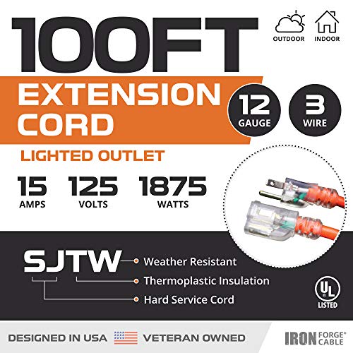 Iron Forge 12 Gauge Outdoor Extension Cord 100 Ft With Lighted End,12/3 Heavy Duty Extension Cable With 3 Prong Grounded Plug, Sjtw Weatherproof Long Cord For Major Appliances, Us Veteran Owned #TOP1