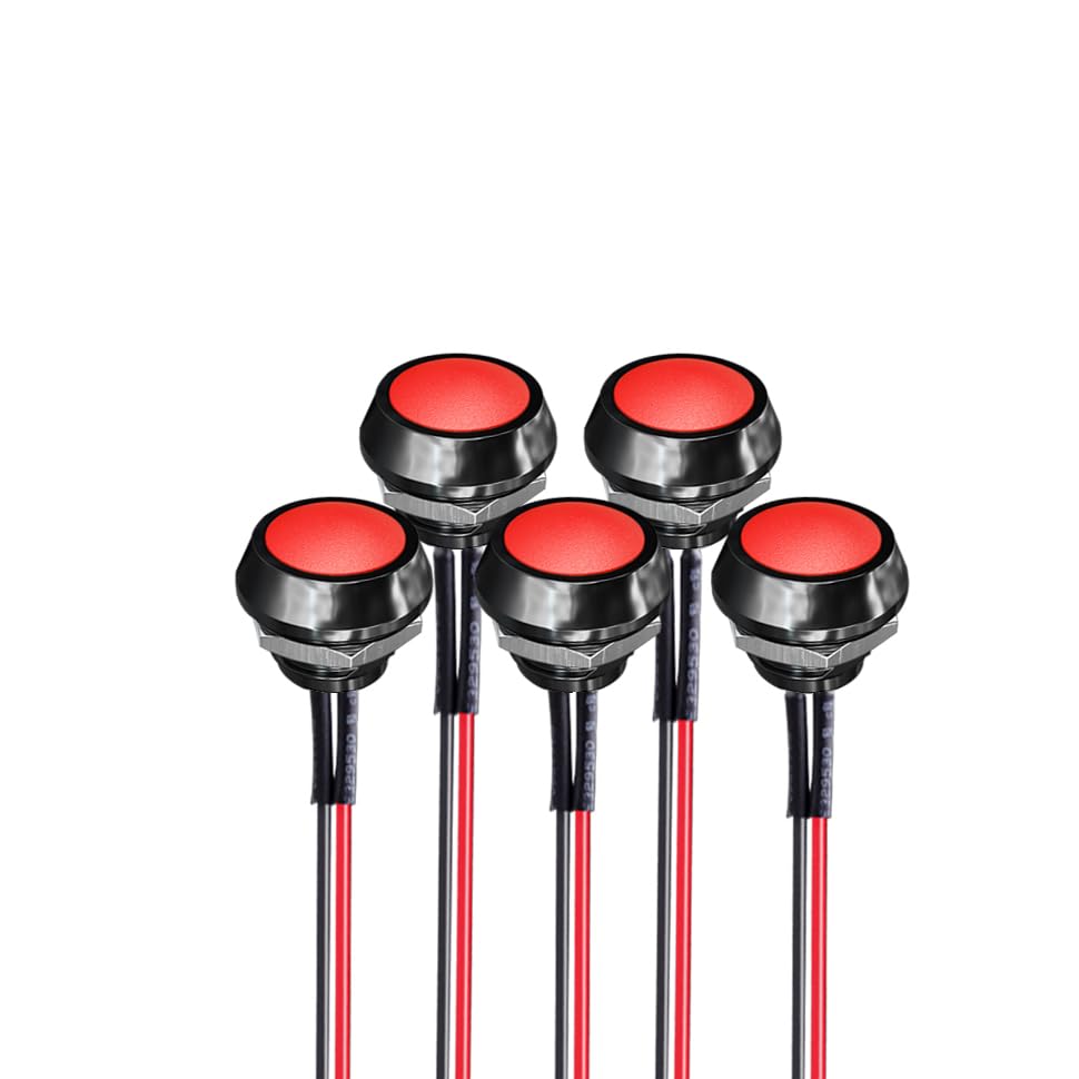 12mm/0.5in Momentary Aluminum Push Button Switch Mini Round Switch Waterproof Self-Resetting 3A 12Vwith Pre-soldered Wire 5PCS (Red)