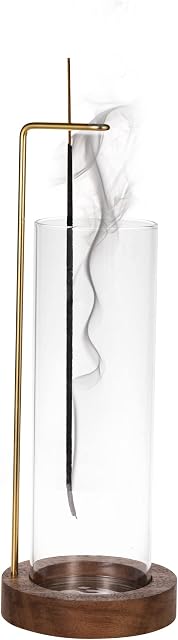 IMEEA Incense Holder Wooden Incense Burner for Sticks Brass Incense Stick Holder with Glass Ash Catcher for Yoga Spa Meditation Home Decor