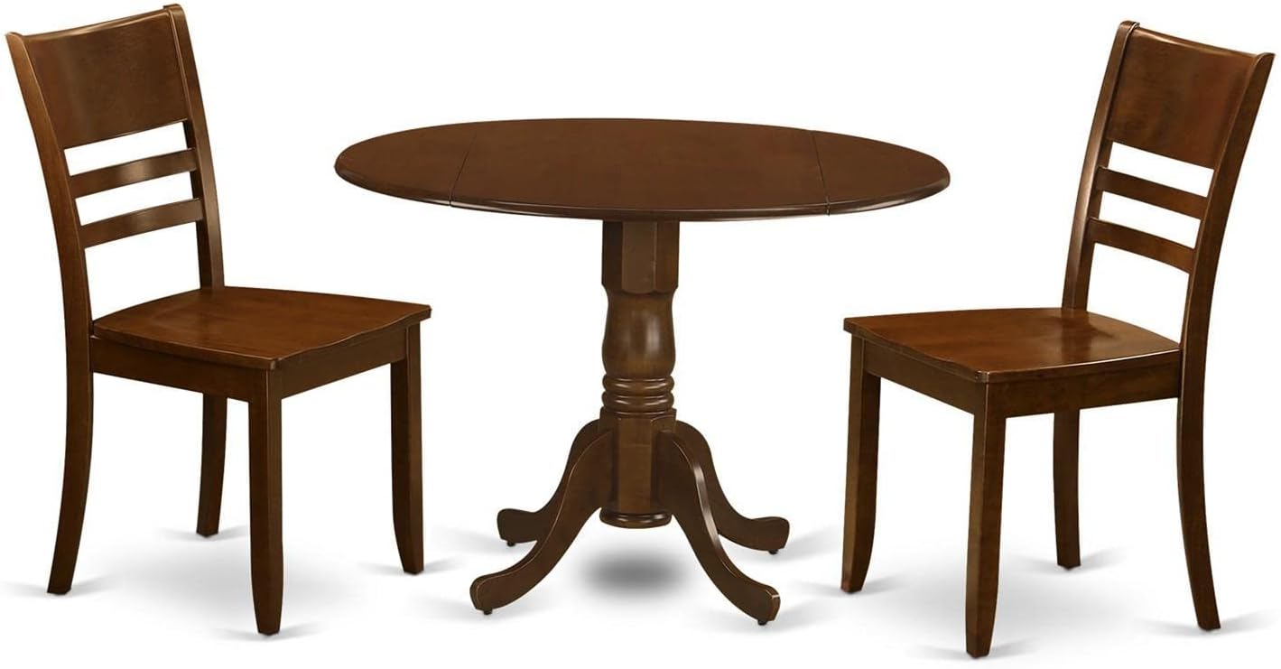 East West Furniture DLLY3-ESP-W 3 Piece Dining Table Set for Small Spaces Contains a Round Dining Room Table with Dropleaf and 2 Wooden Seat Chairs, 42x42 Inch, Espresso