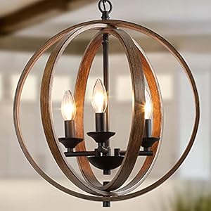 LOG BARN Farmhouse Chandeliers, Faux-Wood Globe Hanging 3-Light Fixture for Dining & Living Room, Bedroom, Foyer and Entryway LOG BARN Farmhouse Chandeliers Faux Wood Globe Hanging 3 Light Fixture for Dining Living Room Bedroom Foyer and Entryway