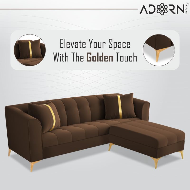 Image of Adorn India Premium Mystic - 3 Years Warranty - L Shape 4 Seater Sofa Set Velvet Suede Fabric - Brown