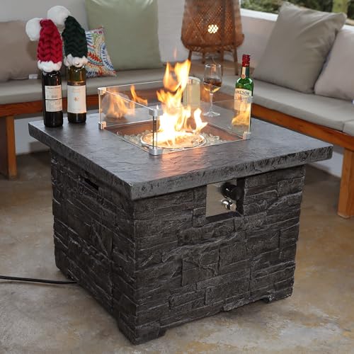 32" Outdoor Propane Fire Pit Table, Stone Fire Table Square Firep...