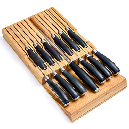 In-Drawer Bamboo Knife Block - Holds 12 Knives (Not Included) and 1 Sharpening Steel,Premium Knife Drawer Organizer, Perfect Knife Organizer Drawer Insert and Drawer Knife Holder