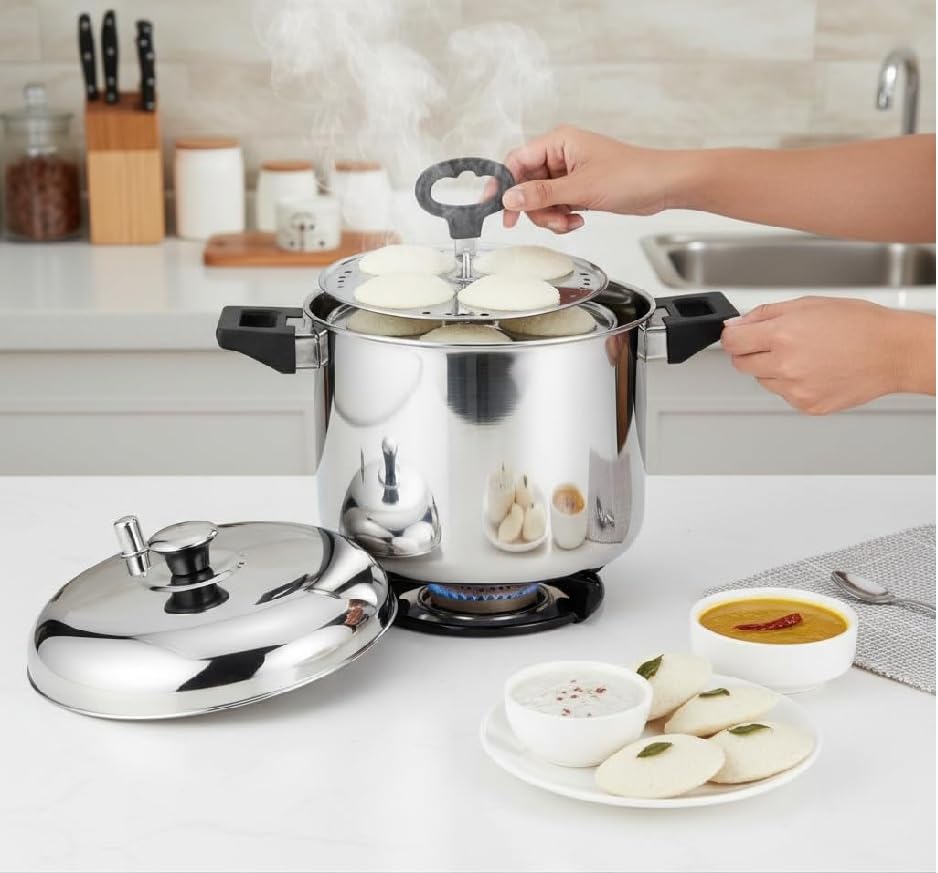 Image of VARCHAS Stainless Steel Idli Cooker with 6 Plates and Lid | 24 Idlis | Idly Maker | Silver | Gas and Induction | Holder /Lifter
