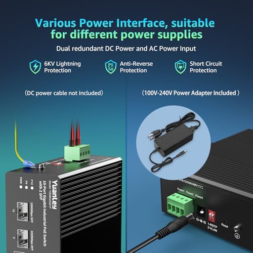 YuanLey 10-portowy przełącznik przemysłowy z 8 portami Gigabit PoE i 2 x SFP, niezarządzany przełącznik PoE z zasilaczem 120 W, IEEE802.3af/at, VLAN i RSTP, przełącznik PoE na szynie DIN do kamer IP