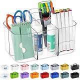 Multiuse Caddy Organizer with Handle - Stackable Plastic Tote Bin - Art Craft Supplies, Office, Desk, Stationery Pen Holder, Kitchen, Utensil, Makeup, Bathroom, Shower, Cleaning, Dorm Organizer -Clear