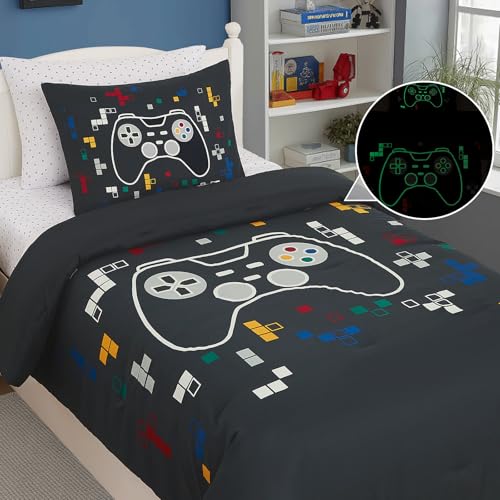 Twin Comforter Set for Boys-5 Pieces Gamer Glow in The Dark Twin Bedding Sets for Kids, Ultra Soft Bed in A Bag with Sheets