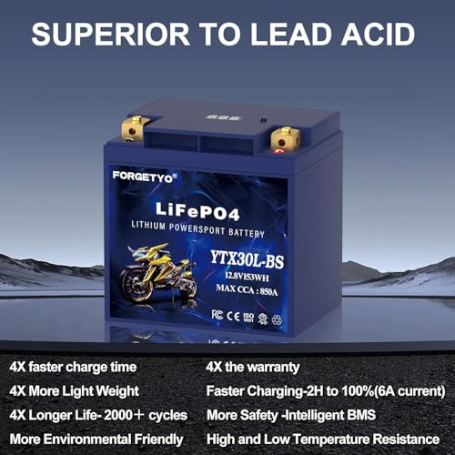 Image of Lithium Motorcycle Battery, Forgetyo YTX30L-BS LiFePO4 Battery, 12V 12AH 850A ATV, UTV, Jet Ski, 4 Wheeler and Lawn Mower Battery