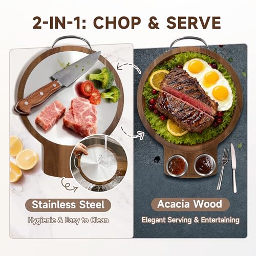 Plato para Filetes Premium de Madera de Acacia con Tapa en Cúpula – Tabla de Cortar de Acero Inoxidable para Reposo de Carnes – Bandeja Híbrida Reversible para Barbecue, Charcutería y Entretenimiento miniatura 4