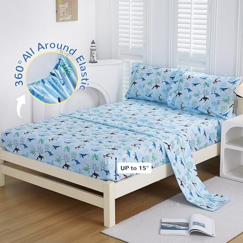 Image of Viviland 3 Pieces Boys Blue Ocean Twin Sheet Set - Soft Microfiber Fitted Flat Sheets & Pillowcase - Blue Ocean Whales, Sea Turtles, Marine Organisms Bedding Sets - for Kids & Toddlers