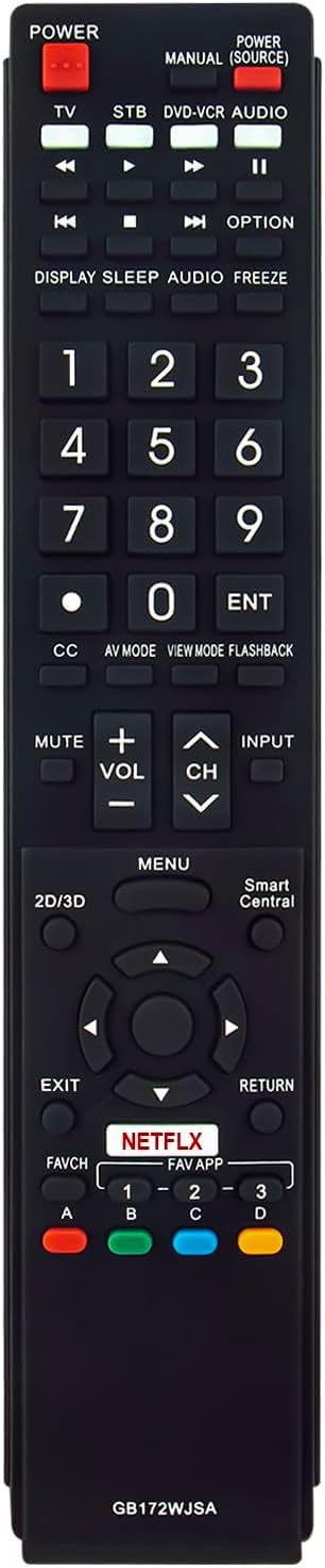 Предна страна view of the VINABTY GB172WJSA remote control with dimensions