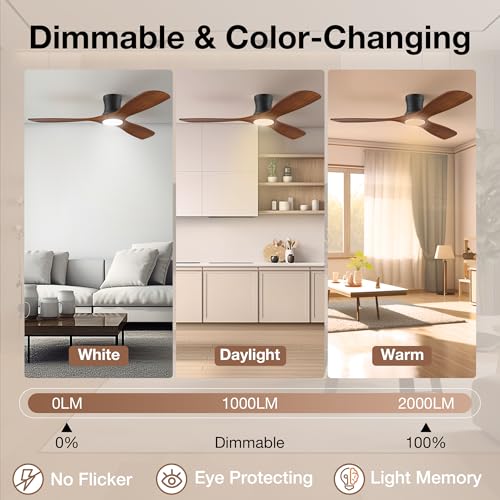 Image of 52In Wood Low Profile Ceiling Fans with Lights Remote,Flush Mount,Outdoor