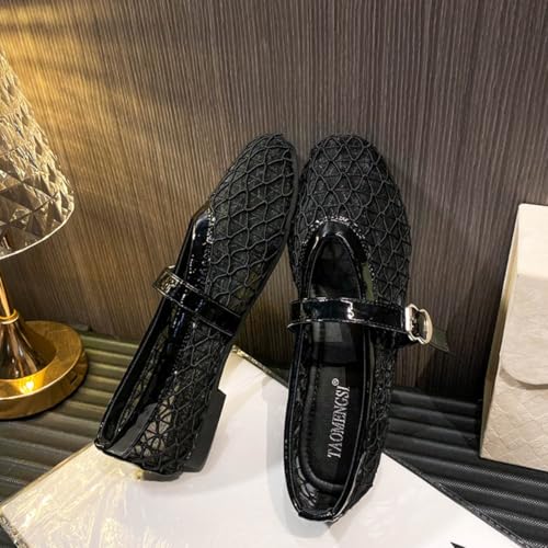 Fishnet Ballerina Flat Shoes for Women Mesh Ballet Flats with Buckle Strap Comfy Casual Office Fishnet Flat Shoes2