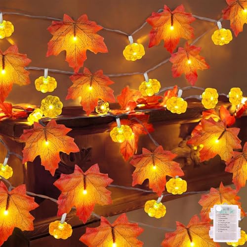 Image of YEGUO 2 Packs Thanksgiving Decorations for Home, Fall Lights Battery Operated, Total 20ft 40 LED Lighted Fall Garland Maple Leaves with Pumpkin for Holiday Autumn Harvest Thanksgiving Halloween Decor