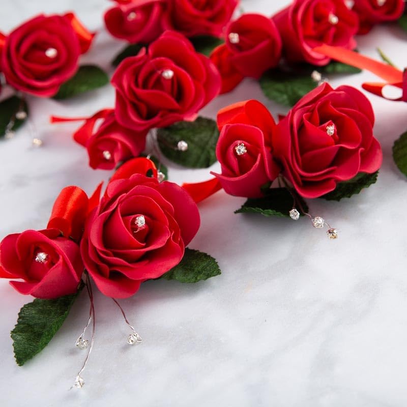 Factory Direct Craft Red Artificial Foam Rose Boutonniere Picks - Set of 12 Fake Rose Heads for Romantic Corsages, Napkin Rings or Placeholders (5 Inches Long)