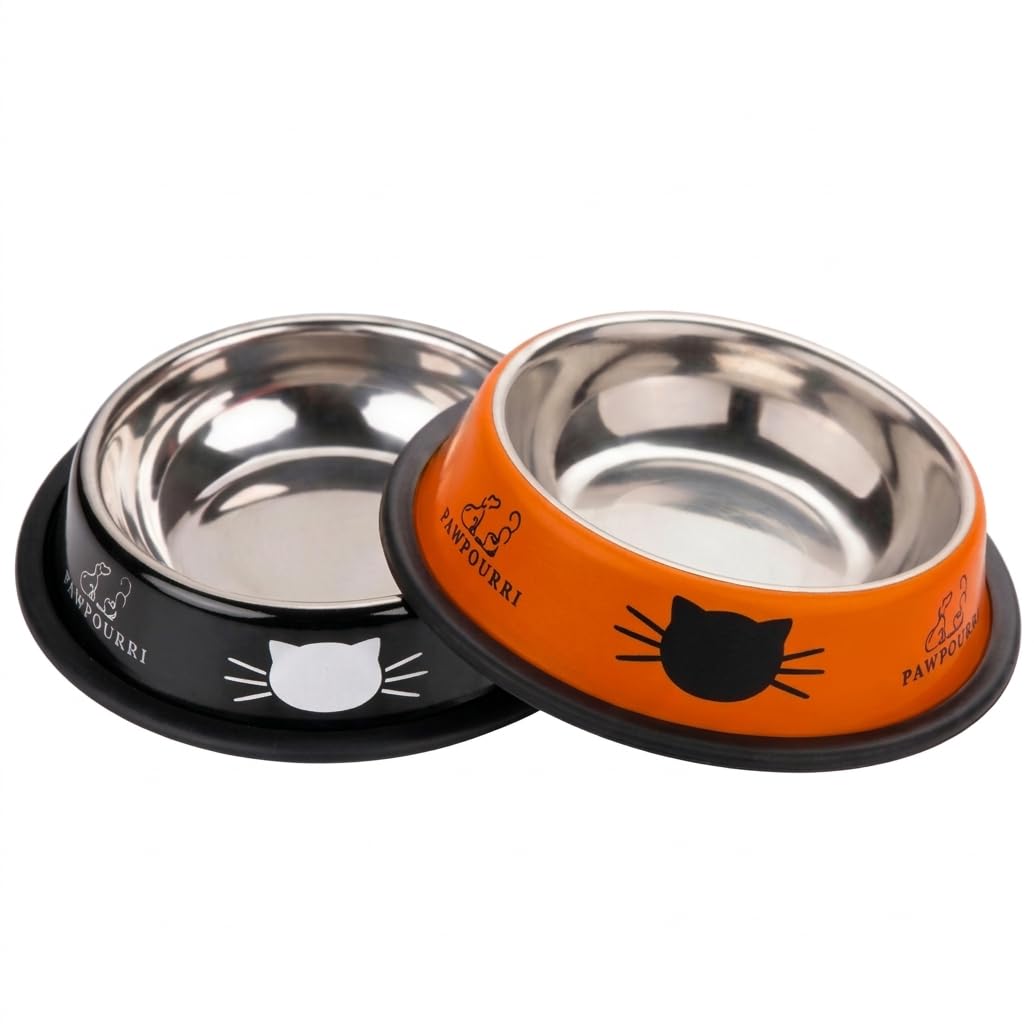 2 Pack Printed Stainless Steel Cat Bowls – 8 fl oz Anti-Skid Food & Water Cat Feeding Bowls | Cat Dish for Food and Water Bowl|Cat Feeding Bowl for Kitten (Black & Orange)