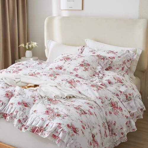 Image of VM VOUGEMARKET Rose Flower Duvet Cover Set Queen Romantic Girls Ruffle Bedding Set Soft Microfiber Botanical Duvet Cover with 2 Pillow Shams