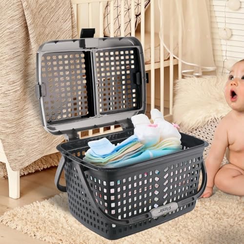 Image of FLAIR Dual Compartment Storage Basket Set of 3 - Sturdy Plastic Organizer with Handles & Lid | Plastic Multipurpose Trendy Shopping Big Basket | Ideal for Kitchen, Bathroom, Laundry & Toys (Grey)