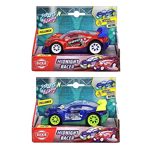 Dickie Toys - Spielzeugauto Midnight Racer (14cm) - Streets N BEATZ Auto mit Metallkarosserie, Rückzugsmotor, Licht & Musik, für Kinder ab 3 Jahre (2 Modelle, zufällige Auswahl)