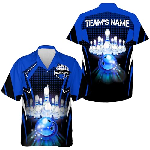 Personalisiertes Blaues Bowling Trikot mit Namen und Teamnamen, Custom Bowling Team Jersey, Bowling Polo & Viertelreißverschluss Shirt für Herren & Damen Q59