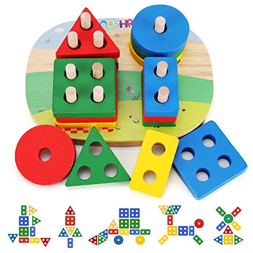 NASHRIO Wooden Educational Preschool Toddler Toys Shape Color Sorting and Stacking Blocks for Age 1 2 3 Boys and Girls