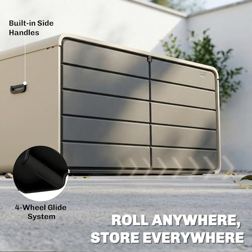 Outsunny 200 Gallon Garden Storage Box, HDPE Deck Box with Wheels, Lockable Lid, Pneumatic Gas Rods and Side Handles, Outdoor Patio Storage Container for Garden Tool, Beige & Grey - 4