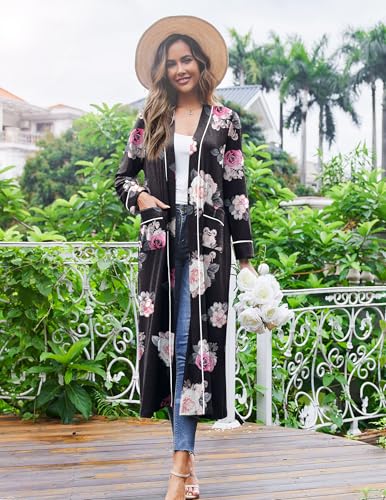 Image of Ekouaer Women Kimono Robes Full Length Knit Bathrobe Lightweight Soft Sleepwear V-neck Casual Ladies Loungewear S-XXL