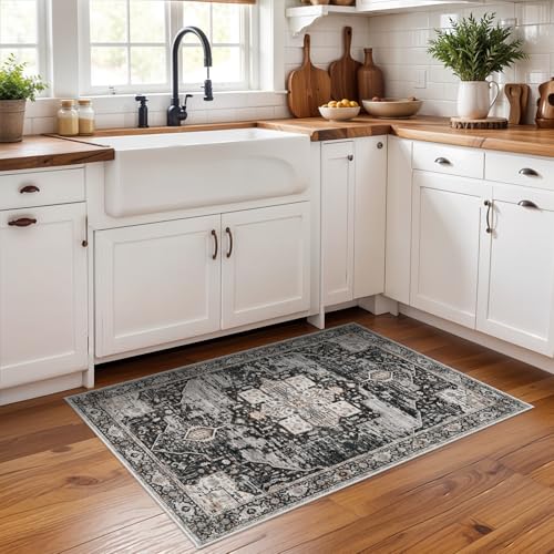 RUUGME Washable 2x3 Area Rugs - Large Boho Rugs for Living Room Stain Resistant Carpet Vintage Tribal Rugs for Bedroom Kitchen Bathroom with Non Slip Backing Home Decor Floor Decoration Mat 2x3 Black