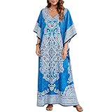 Plus Size Kaftan Dress Tunic Long Maxi Kimono Caftan Gown Nightdress Beach Party Casual Dress, Blue, One Size Plus