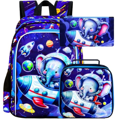 Image of UFNDC 3PCS Boys Elephant Backpack, Kids Space Bookbag with Lunch Box, Water Resistant Rocket School Bag for Elementary Preschool Toddler