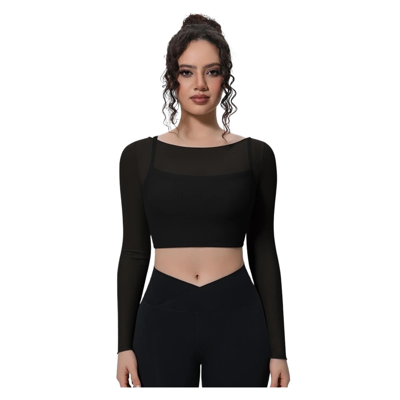 Top Yoga a Maniche Lunghe Donna Maniche Lunghe da Yoga | Top fitness traspirante estivo in falso reggiseno sportivo in due pezzi
