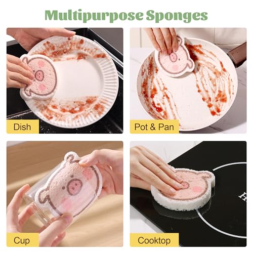 Image of JOYMOOP Kitchen Sponge for Washing Dishes, 4 Pack Cartoon Cellulose Sponges for Cleaning, Reusable Non-Scratch Sponges for Household, Car Interior and Pet Supplies - Piggy Pattern