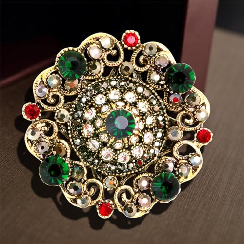 Image of Antique Round Rhinestone Brooch Pin for Women Girls Vintage Baroque Red Green Crystal Boho Style Brooches Lapel Pins Elegant Dress Accessories Christmas Wedding Festival Ornament Jewelry Gift