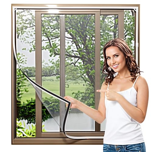 Jsdoin Magnetic Fly Screen Window, Adjustable DIY Window Fly Screen Max 120 * 200cm, Fly Screens for Windows, Magnetic Window Screen Easy Installation, no Drilling or screwing(White Frame Grey Mesh)
