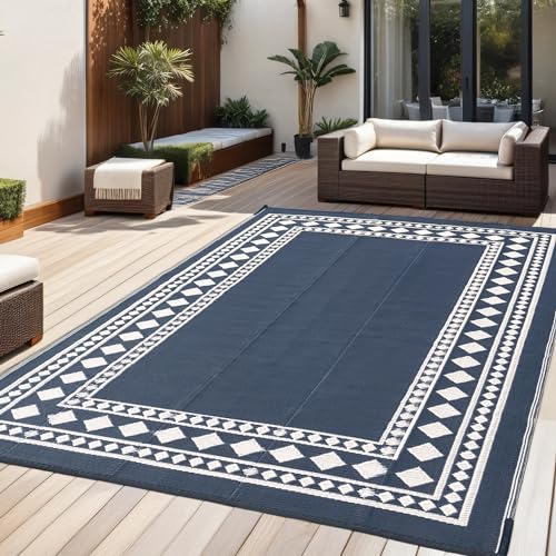RURALITY Outdoor Rugs 5x8 Waterproof for Patios Clearance,Plastic Straw Mats for Backyard,Porch,Deck,Balcony,Black and Beige