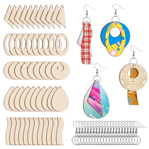 HAPY SHOP 300 Pieces Unfinished Wooden Earrings Blanks for Earring Pieces 5 Shapes Wood Pendants with 100 Pcs Earring Hooks and 100 Pieces Jump Rings for DIY Craft Jewelry Making