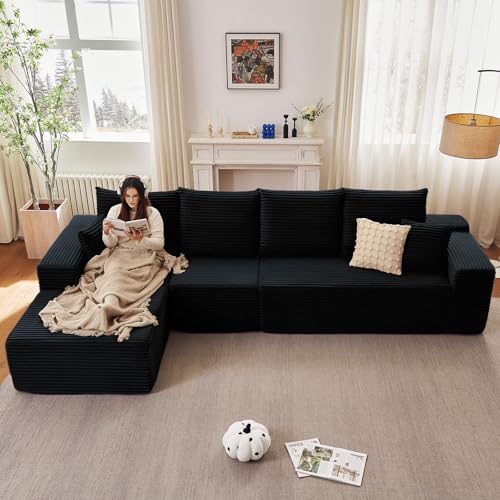Image of 135 inch Modular Sectional Couches for Living Room, Comfy Boneless L Shaped Cloud Couch with Chaise Lounge, Modern Cozy Corduroy Deep Seat Floor Sofa, Memory Foam, No Assembly Required, Black