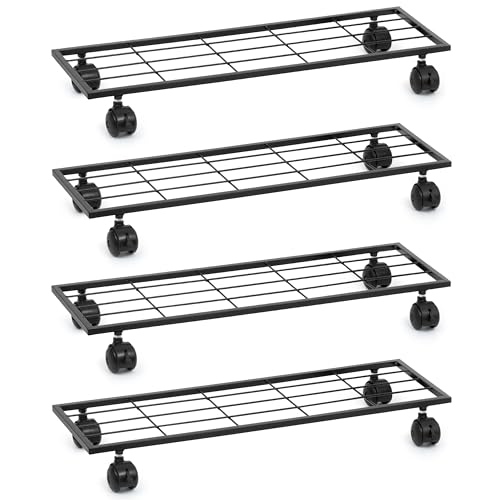Image of Livzing 4 Pcs 29 Inch Metal Plant Stand with Lockable & unlockable Wheels, Flower Pot Stand - Rectangle Planter Stands for Indoor Outdoor Home Garden Heavy Duty Powder Coating Gamla Holder for Balcony