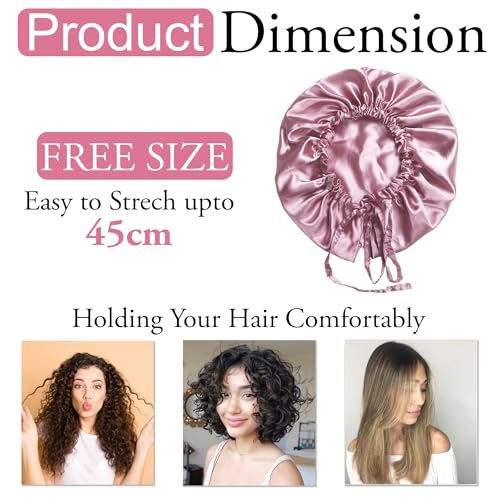 Image of GLUN Hair Protector Bonnet Cap with 3 Scrunchies Combo, Pack of 1 Rose Pink Colour, Prevents Hair Breakage, Frizz Control and Moisture Retention, Ideal for Curly & Natural Hair
