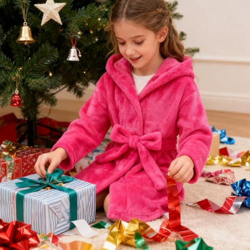 Image of Kids Bathrobe Hooded Plush Fleece Robe for Girls Boys