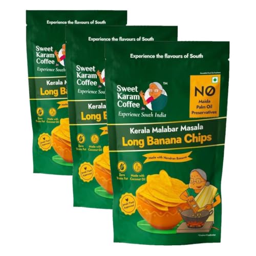 Image of Sweet Karam Coffee Kerala Malabar Masala Long Banana Chips - 95g | No Palm Oil or Preservatives | Made with 100% Coconut Oil | Zero Trans Fat | Thin, Crunchy & Spicy Tea-Time Namkeen (Pack of 3)