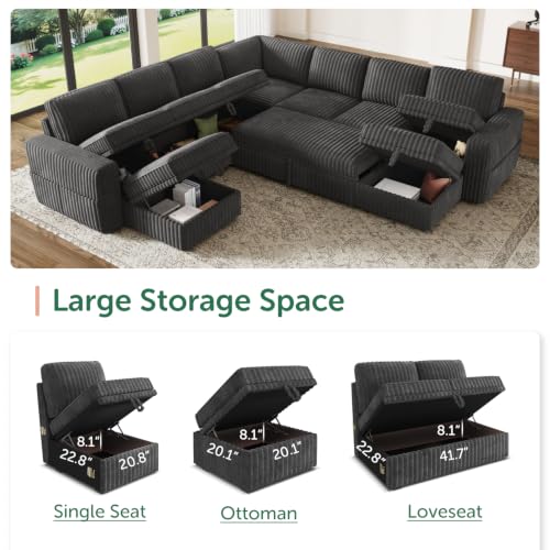 Image of HONBAY Modular Sectional Sleeper Sofa with Pull Out Bed Oversized Corduroy L Shaped Sofa Bed with Storage Couches for Living Room,Dark Grey