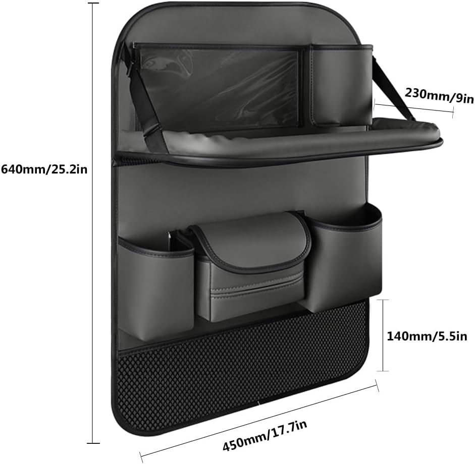 2PCS Car Backseat Organizer Seat Back Protectors Kick Mats with Foldable Table Tray, PU Leather Car Storage Organizer with Tablet Holder, Car Tissue Holder Kids Toys Storage Travel Accessories (Gray)